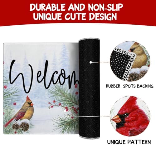 Winter Door Mat Outdoor for Front Door,Cardinal Pine Twigs Berry Merry Christmas Welcome Doormat,Xmas Holiday Floor Rugs for Indoor Porch Entrance Farmhouse Decor 30" x 17" - Image 7