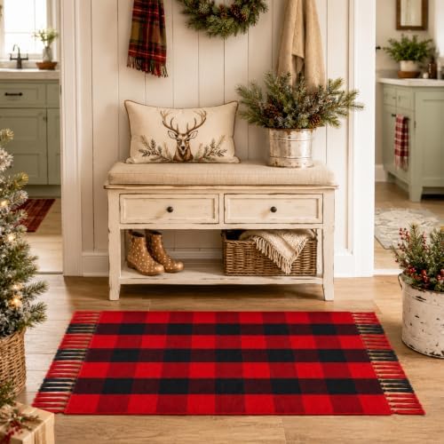 Breling Christmas Outdoor Rug 28" x 43" Black and Red Buffalo Plaid Door Mat with Tassels Christmas Home Decor Soft Hand Woven Cotton Bathroom Rug Washable Layered Doormats for Front Porch Entryway - Image 6