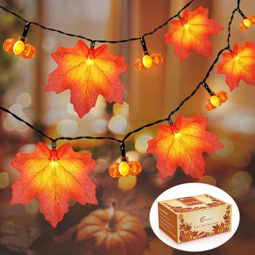 Fall Solar Lights Maple Leaves Pumpkin Garland String Outdoor Decorations by ReyeeInc