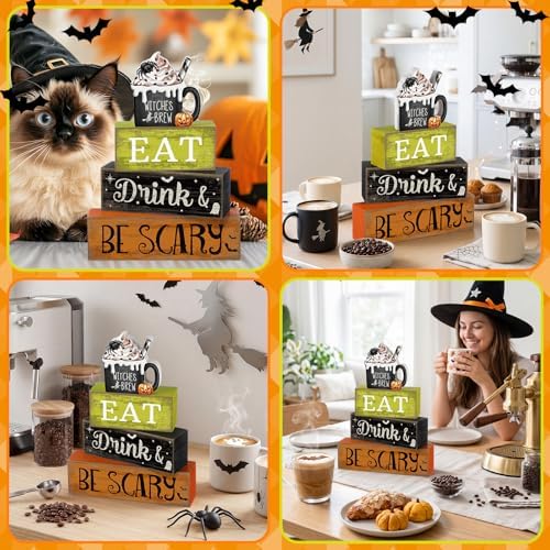 Lineshading 4 Pcs Halloween Wooden Block Signs, Eat Drink Be Scary Decor - Image 6
