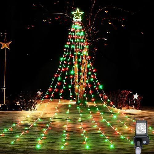 BlcTec Outdoor Christmas Decorations 317 LEDs Christmas Lights with 9 Strands 11.9ft Waterfall Christmas Tree Lights, 8 Modes, Waterproof, Topper Star & Timer for Yard Patio Xmas Décor, Red Green by BlcTec