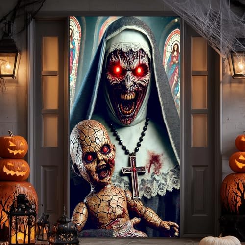 IVN Halloween Creepy Nun Doll Door Cover Decorations 35x71 Inch - Image 2