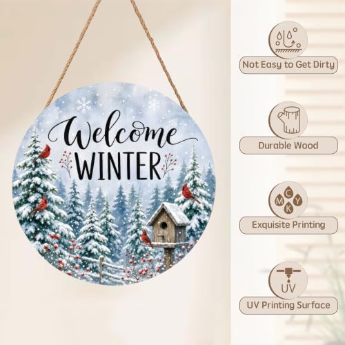 Winter Welcome Sign for Front Door Decor Christmas Snowflake Trees Round Outdoor Hanging Wooden Door Sign for Porch Xmas Holiday Farmhouse Wreath Hanger Sign for Outside Indoor Wall Decoration 12"X12" - Image 3