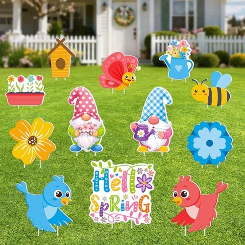 12 PCS Hello Spring Yard Signs with Stakes Spring Outdoor Lawn Flower Insect Garden Pastel Decorations (Hello Spring) by GRADUATIONDECORATIONS