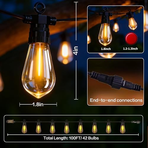 100FT Outdoor String Lights with Remote, 42 Dimmable Shatterproof LED Bulbs, Waterproof Patio & Backyard Lights for Pergola, Deck, Garden, Bistro, Commercial Grade Hanging Lights - Image 6