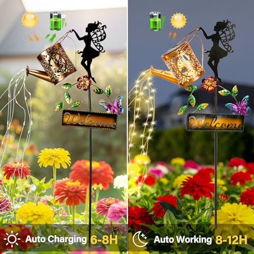 ZKLiLi Solar Hummingbird Watering Can Gifts with Lights,Outdoor Garden Fairy Welcome Sign Decor Waterproof for Patio Yard Porch Lawn Pathway Walkway Statues Gifts for Mom Grandma Women - Image 2