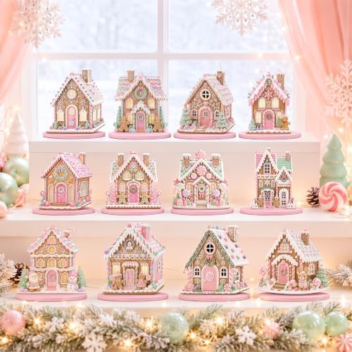 12 Pcs Christmas Gingerbread Decor Pink Gingerbread House Table Centerpiece - Image 3