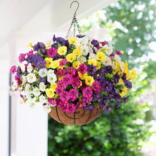Ivydale Artificial Faux Hanging Plants Flowers Basket for Fall Outdoors Decoration, Fake Silk Colorful Morning Glory with Eucalyptus Look Real UV Resistant for Outside Porch Patio Balcony Garden Home - Image 2