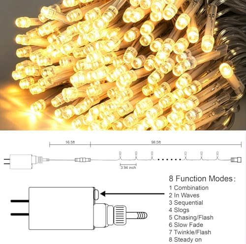 LJLNION 300 LED String Lights Outdoor Indoor, Extra Long 98.5FT Christmas Lights, 8 Lighting Modes, Plug in Waterproof Fairy Lights for Wedding Party Bedroom Decorations (Warm White) - Image 4