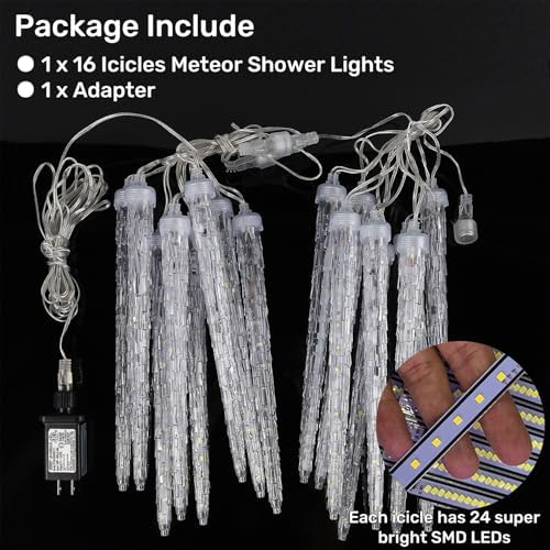 WATERGLIDE 16 Icicles Meteor Shower Lights, 12" Outdoor Christmas Icicle 384 SMD LED Crystal Ice Falling, Connectable Raindrop, Xmas Winter Party Tree Holiday Decor, Multicolor - Image 6