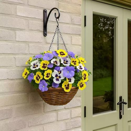 365 Blooming Decor 22” Premium Artificial Pansy Hanging Basket, Yellow Purple & White Lifelike Spring Flowers, Easy Assembly Wicker Planter with Chain for Porch, Patio, Balcony & Home Décor - Image 5