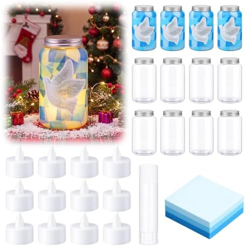 Qinyoung 12 Pcs Christmas Crafts Dove Mason Jars Crafts with LED Candle Light DIY Suncatchers Decoration Make Your Own White Bird Mason Jars Tissue Paper Supplies for Christmas Party Projects Activity by Qinyoung