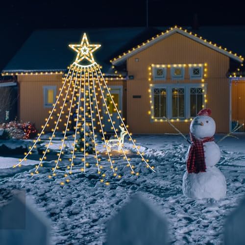 350 LED Christmas Decorations Star String Lights Waterproof Waterfall StarLights 8 Light Modes Remote & Timer,Waterproof Seasonal Lighting Decor for Home Xmas Tree Yard Wedding Party (Warm White) - Image 4
