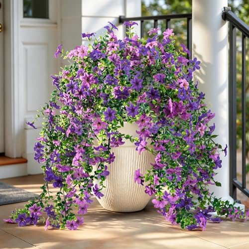 QCQHDU Artificial Hanging Flowers for Outdoors,2Pcs Fake Hanging Plants 29.5 Inch Long for Spring Summer Decoration,UV Resistant Faux Flowers for Patio Porch Garden Yard Balcony Decor, Double Purple by QCQHDU