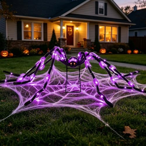 6.7 FT(Wide) Halloween Giant Spider with 9'' Metal Stand, 36 Purple LED Lights, 8 Modes Light-Up Large Spiders Outdoor Decorations, Spooky Props for Yard, Lawn, Porch, Haunted House Décor by BEABOO