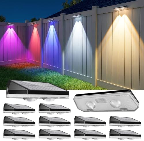 16 Pack Solar Fence Lights Outdoor ,Warm White + RGB 13 Color Mode Fence Lights Solar Powered with Ultra-Bright Lens IP65 Waterproof,Solar Wall Light for Backyard/Step/Patio/Deck/Stair/Railings/Fence by UGDLUCK