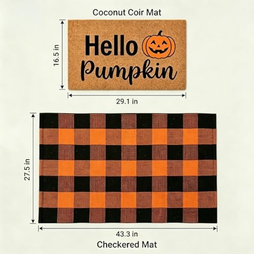 Fall Decor Halloween Layered Front Doormat Set, Hello Natural Coco Coir Door Mat + 28"x43" Orange Black Buffalo Plaid Rug, Non-Slip Porch Rug Outdoor Entryway Decor for Front Porch, Patio - Image 2