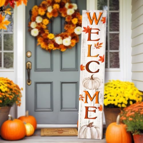 Fall Welcome Porch Sign for Front Door 47" Outdoor Autumn Welcome Sign for Front Porch Maple Leaf Pumpkin Sunflower Home Decor Farmhouse Vertical Holiday Decor for Yard Home Hanging Garden - Image 3