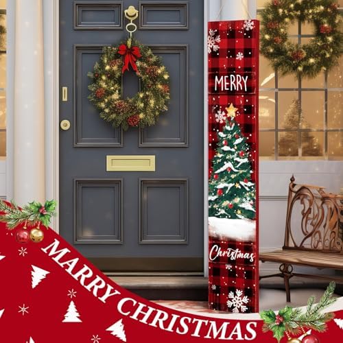 47" Christmas Porch Sign, Buffalo Plaid Wooden Door Hanger - Image 4