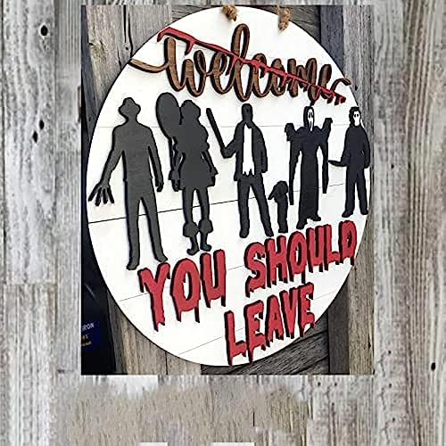 Halloween Horror Welcome Sign for Front Door, Horror Movie Characters Door Hanger Scary Halloween Decorations Wood Wreath Hanging Door Sign for Farmhouse Porch Wall Decor Outdoor - Image 5