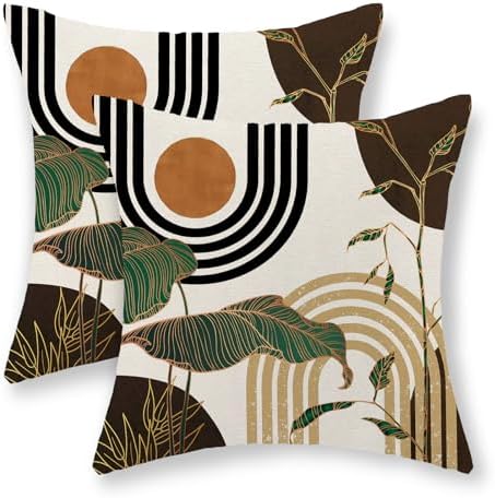 Boho Brown Pillow Covers 20x20 Set of 2 Gold Leaf Tropical Mid Century Throw Pillows Outdoor Bohemian Abstract Modern Decorative Pillowcase Farmhouse Linen Cushion Case for Couch Sofa Decor by JEFERSO