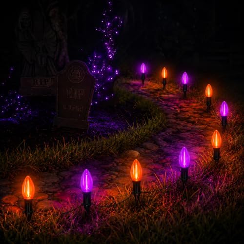 Halloween Pathway Lights, 10-Pack Purple and Orange C9 LED Stakes by Konictom