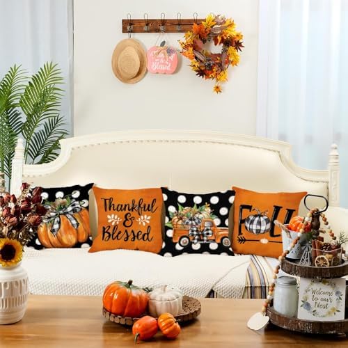 GEEORY Fall Pillow Covers 18 x 18 Inch Set of 4, Polka Dots Buffalo Bow-Knot Pumpkins Truck Thankful Thanksgiving Decor Decorative Throw Cushion Cases Decoration for Home Sofa Couch (Black) G405-18 - Image 2