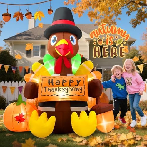 Inflatable Turkey Thanksgiving Decorations Outdoor 6FT Giant Blow up Yard Décor Outside Pilgrim Hat with Built-in LED Lights for Happy Fall Holiday Lawn Indoor Autumn Decorations - Image 2