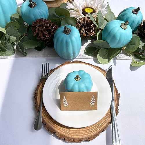 Winlyn 7 Pcs Assorted Artificial Teal Blue Pumpkins Halloween Faux Coastal Decorative Foam Pumpkins for Fall Baby Shower Thanksgiving Halloween Table Centerpiece Shelf Mantel Décor - Image 5