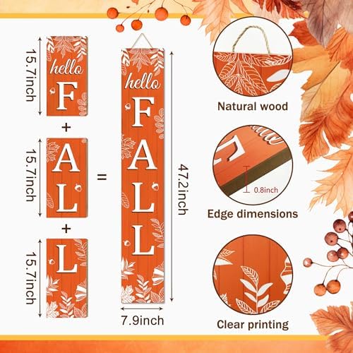 Hello Fall Porch Sign Autumn Leaves Wooden Welcome Sign Vertical Fall Hanging Signs For Standing Front Porch Decor Rustic Wall Decor Home Farmhouse Yard Door Fall Decorations 47.2"H - Image 3