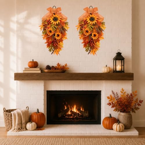 2 Pack Fall Sunflower Swags Wreaths for Farmhouse Front Door Decor - Image 6