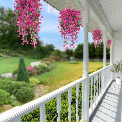Sggvecsy Artificial Fake Hanging Flowers Plants for Outdoor Outside Spring Summer Decoration 2PCS Faux Silk UV Resistant Realistic Morning Glory with Eucalyptus for Home Porch Patio Balcony(Magenta) - Image 5