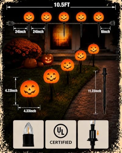 10.5FT Halloween Pumpkin Pathway Lights, 5PK C7 LED Pumpkin Stakes Lights - Image 2
