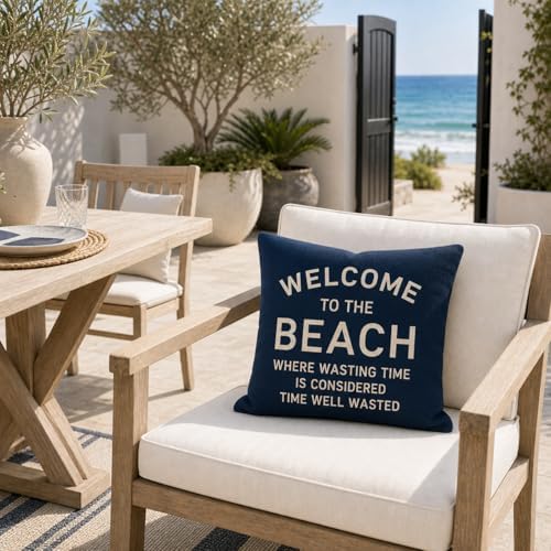 PANDICORN 18x18 Inch Throw Pillow Cover, Welcome to the Beach, Navy Blue - Image 7
