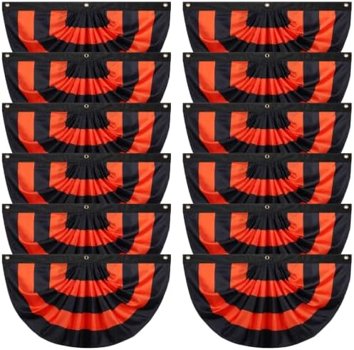 Newwiee 12 Pcs 3 x 1.5 ft Halloween Flag Bunting Half Fan Hanging Pleated Flag Banner with 3 Grommets for Halloween Indoor Outdoor House Party Holiday Yard Decorations Props, Black Orange by Newwiee