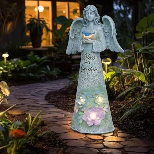 Angel Garden Statue Outdoor, Solar Angel Holding Bird with Succulent Lights - Image 6