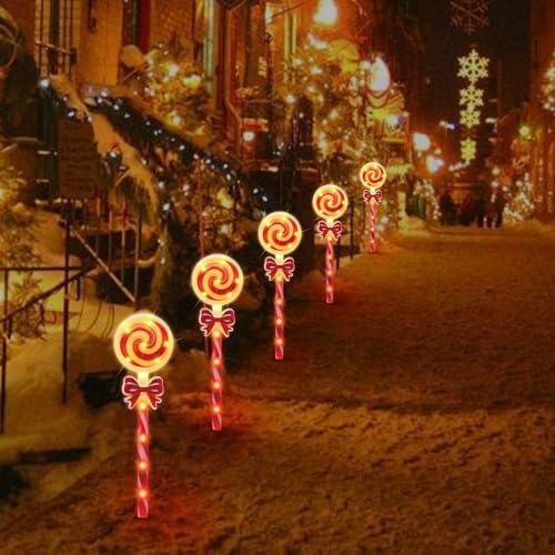 LAMPHOME Christmas Lollipop Pathway Lights，5PCS Decorations Outdoor Yard, Pathway Marker Stake Lights for Patio Ground Path Sidewalk Walkway Driveway - Image 2
