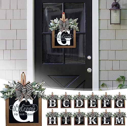 Last Name All Year Round Front Door Wreath with 26 Initial Letter Welcome Sign All Seasons Eucalyptus Garland and Bow ，Farmhouse, Porch, for Spring Summer Fall All Seasons Holiday Halloween Christmas.（G） - Image 3
