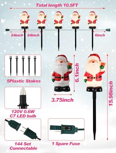 5-Pack Commercial-Grade Christmas Pathway Stakes - 15.98" Tall Santa Holding Bell Stake Lights with Heavy-Duty C7 LEDs, Waterproof for Pro-Level Yard Decor - Image 2