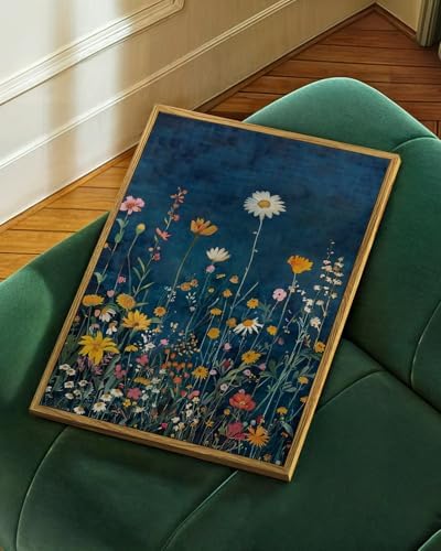 WHASAYART Botanical Floral Canvas Print 12x16 Framed Wildflower Wall Art, Rustic Dark Blue Colorful Flower Artwork, Vibrant Vintage Painting Living Room Kitchen Bedroom Hallway Home Decor - Image 6