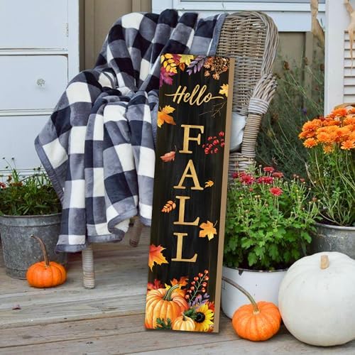 Hello Fall Porch Sign for Front Door, Autumn Wooden Welcome Sign with Maple Leaves Pumpkin for Front Porch Decorations, Fall Garden Decor Outdoor Hanging Signs Wall Sign 31.5"H - Image 6