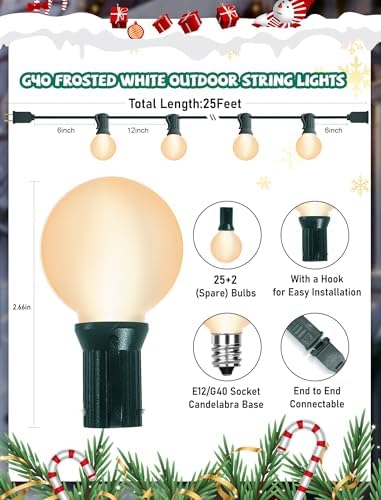G40 Frosted White Christmas Lights Outdoor 25Ft Globe Christmas Decorations Lights with 27 Frosted White Bulbs, Hanging Globe Outdoor String Lights for Xmas Tree Wedding Backyard Party, Green Wire - Image 2