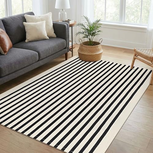 KOZYFLY Striped Rug 4x6 ft Cotton Woven Front Door Rugs, Beige and Black - Image 2
