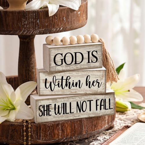 Lineshading 4 Pcs Wooden Blocks God Is Within Her Farmhouse Decor - Image 3