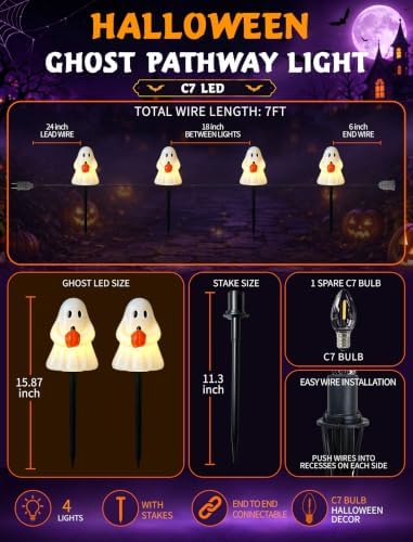 Halloween Ghost Pathway Lights, 4 Pack LED Yard Stake Lights Outdoor Decor - Image 2