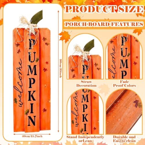 Weysat Fall Pumpkin Porch Sign Thanksgiving Autumn Wooden Welcome Sign Decor for Front Porch Vertical Standing Welcome Decor for Patio Front Door Home Party Wall Yard Farmhouse Outdoor 35 x 12 Inch - Image 4