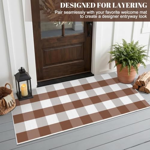 Brown White Plaid Outdoor Rug 2 x 4.3 Ft, Front Door Layering Mat - Image 4