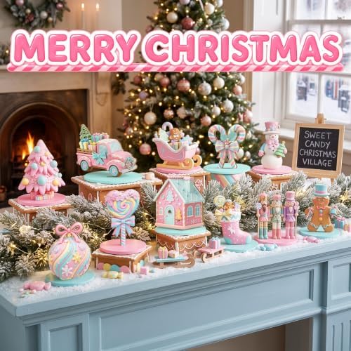 Leinuosen 12 Pcs Christmas Table Decoration Pastel Christmas Tiered Tray Decor Pink Wooden Gingerbread Candy Centerpieces Nutcracker Truck Snowman Signs for Xmas Gift Home Kitchen Coffee Bar Shelf - Image 6