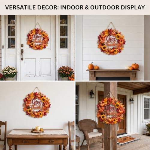 Yalikop Thanksgiving Door Sign Wreath Wooden Fall Give Thanks Hanging Sign Autumn 3D Hollow Maple Leaf Pumpkin Front Door Hanger Wall Decor for Harvest Porch Indoor Outdoor Home Decorations - Image 5