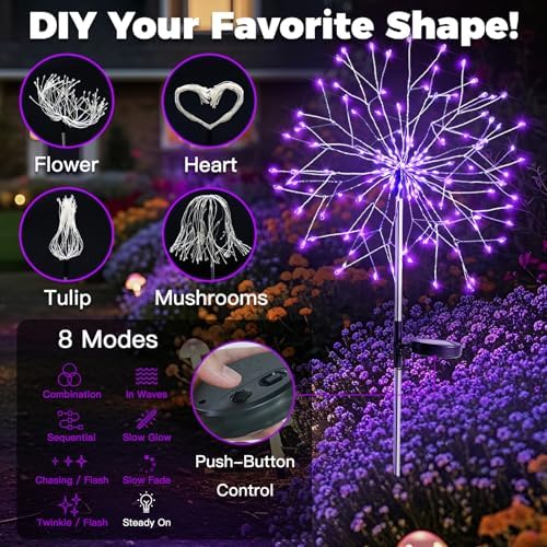 suddus 2 Pack Purple Halloween Lights Outdoor, 150LED Purple Solar Garden Lights with 8 Modes, Waterproof Solar Firework Light for Halloween Yard Garden Decorations - Image 3